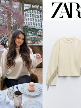 Zara Rhinestone Soft Knit Round Neck Sweater Ecru White  Size Medium NWT